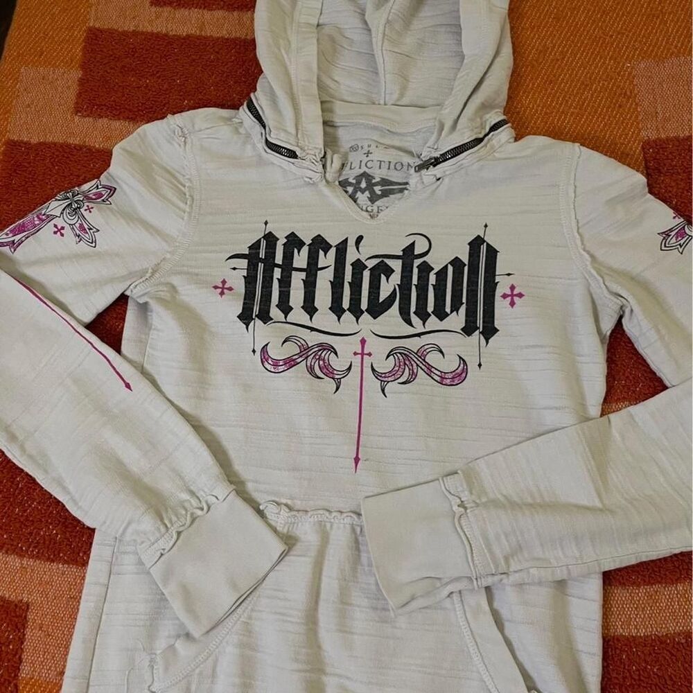Affliction White Hoodie Pullover Lightweight Pink Angel Wings XS - Picture 6 of 6